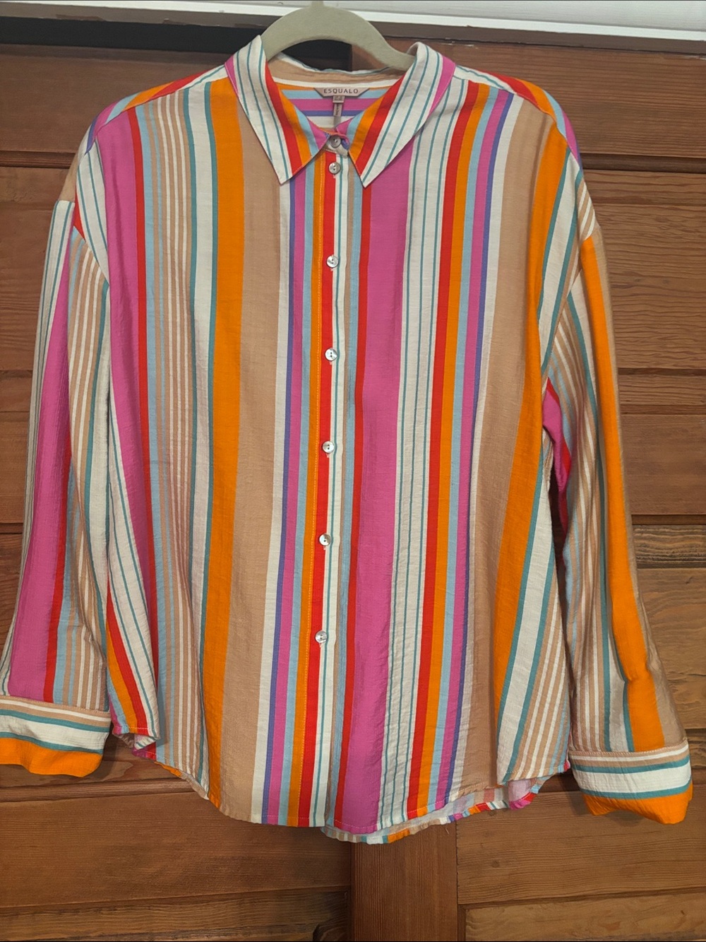 ESQUALO Striped Button-Down Shirt in Pink, Orange, Tan & White